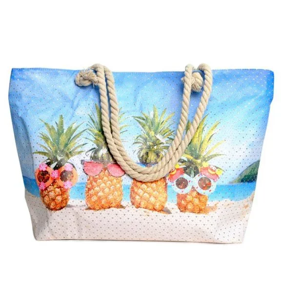BEACH TIME! Large "Pineapples on Beach" Rhinestone Tote - Picture 1 of 4